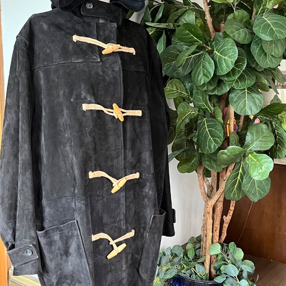 Polo Ralph Lauren Men's Black Suede Hooded Duffel Coat Jacket Rope Toggles LARGE